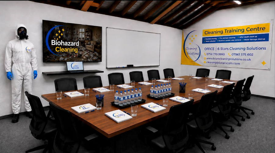 Training materials, refreshments and specialist cleaning equipment prepared for a Biohazard Cleaning Academy course day