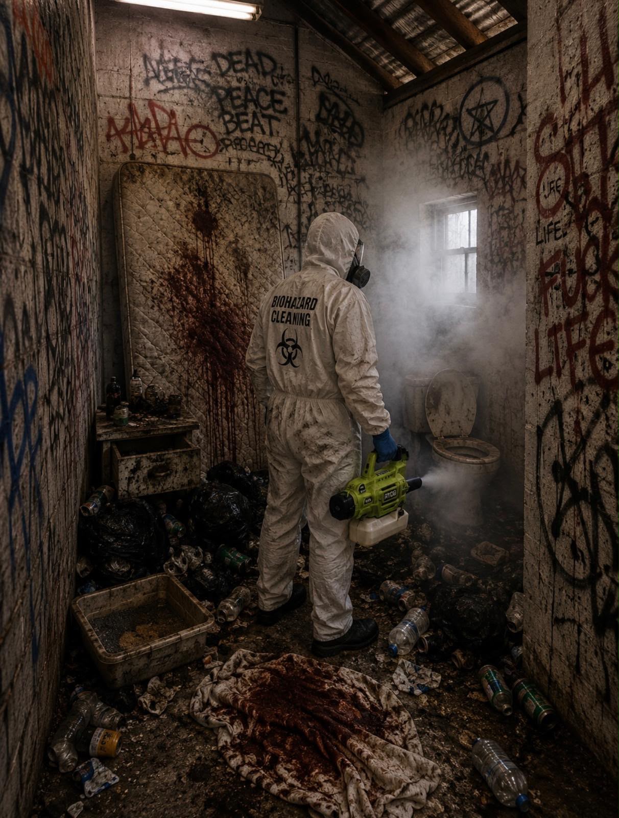 Trainer leading a practical biohazard cleaning demonstration with specialist cleaning equipment